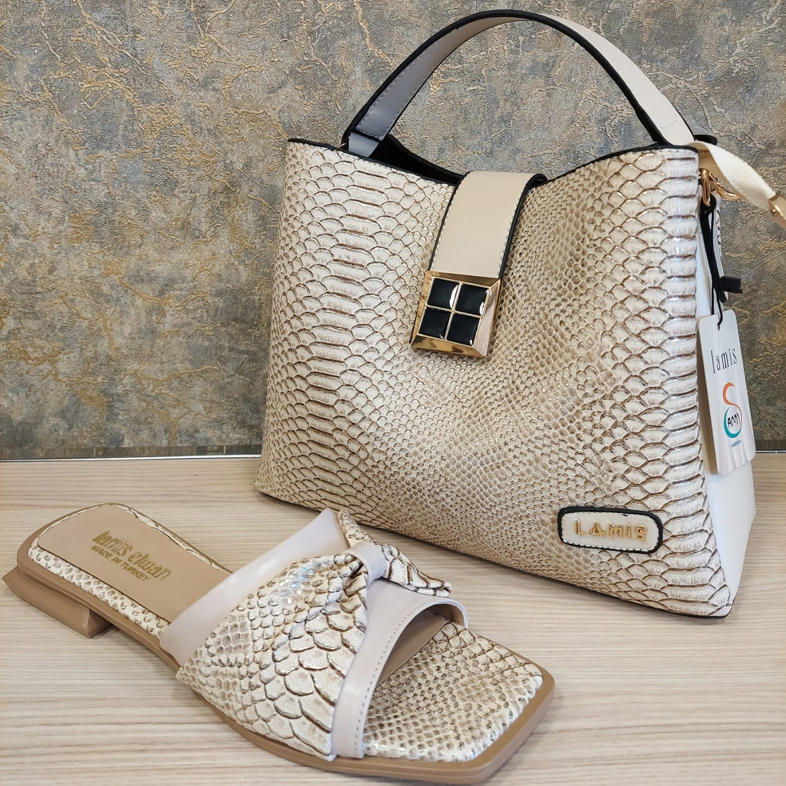 best seller wholesale bag and shoes set for women  famous Turkish brand lamis woman bag printed leather shoes printed leather