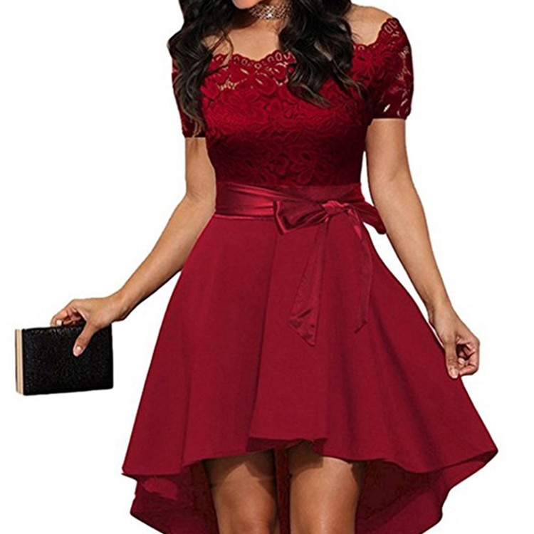 Red Lace Dress Women Patchwork Slash Neck Short Sleeve Sashes Tunic Dress 2023 Summer Ladies Sexy Evening Party Dresses