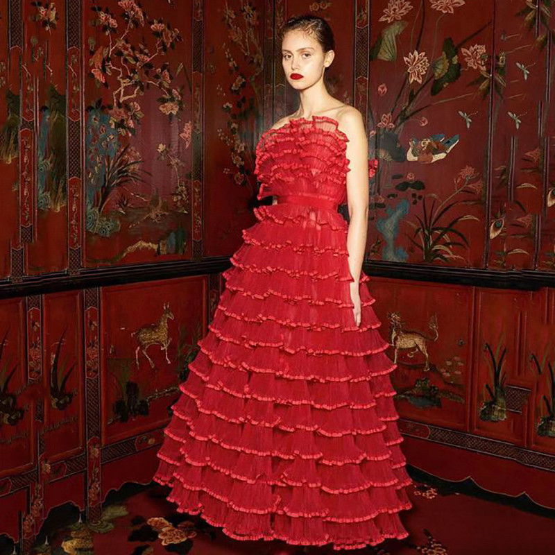 A4582 Good Quality Red Strapless Sleeveless Tulle Dress Women Party Evening