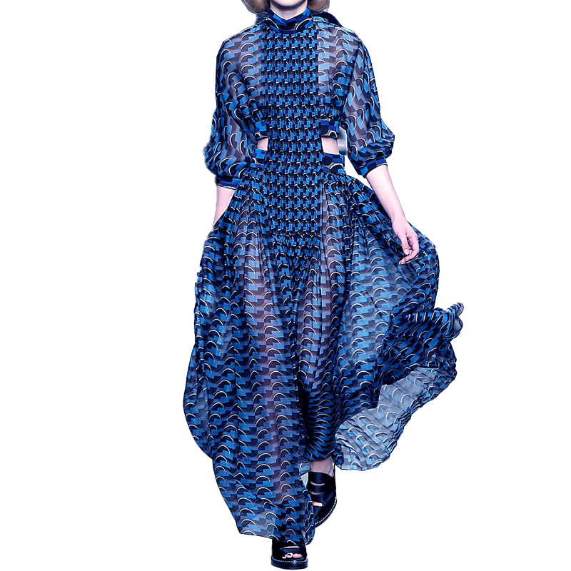 European and American models 2022 geometric pattern sexy waist stand collar long sleeves large swing long chiffon women dress