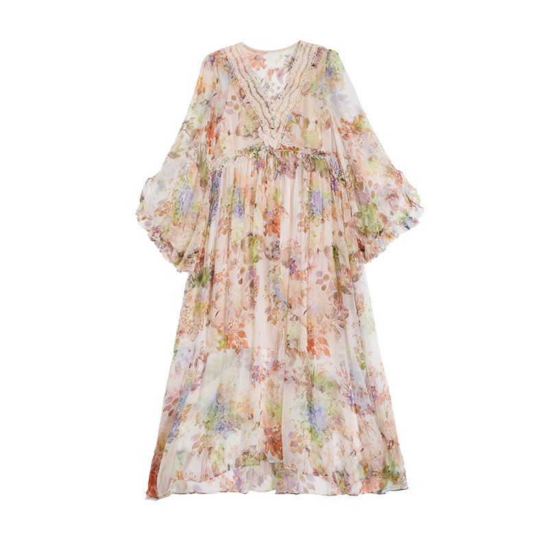 Custom Luxury  Double-layer V neck long sleeve Female Summer  Holiday floral printed silk casual dresses