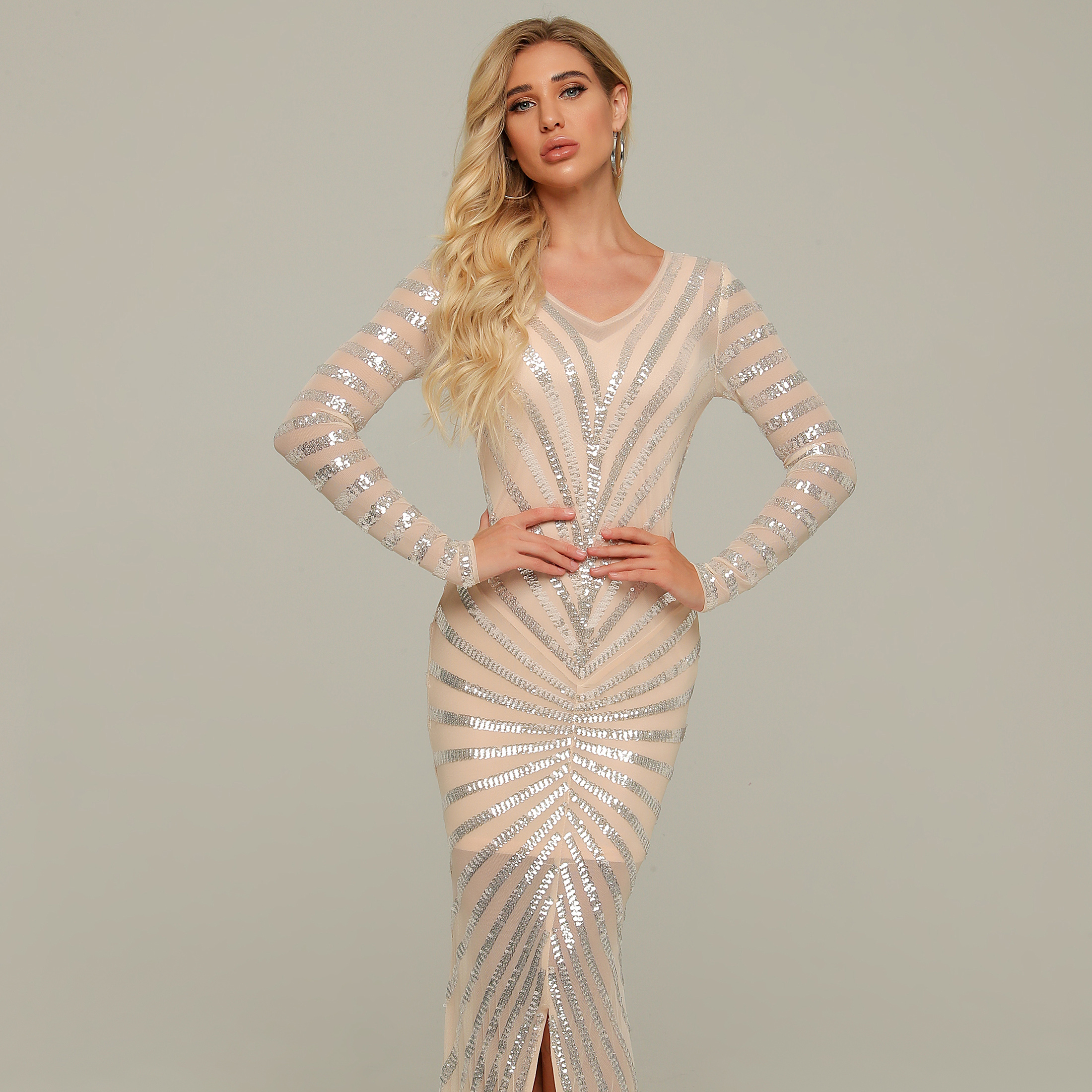 ED2210 Kimshein Clothes Women Elegant Beige Split Long Sleeve Mesh Dresses Sequin Stripe Prom Dress Evening