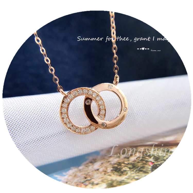 Wholesale Simple Lovely Style Shiny Real Natural Diamond Entwined Double Circle Ring 18K Rose Gold Clavicle Necklace