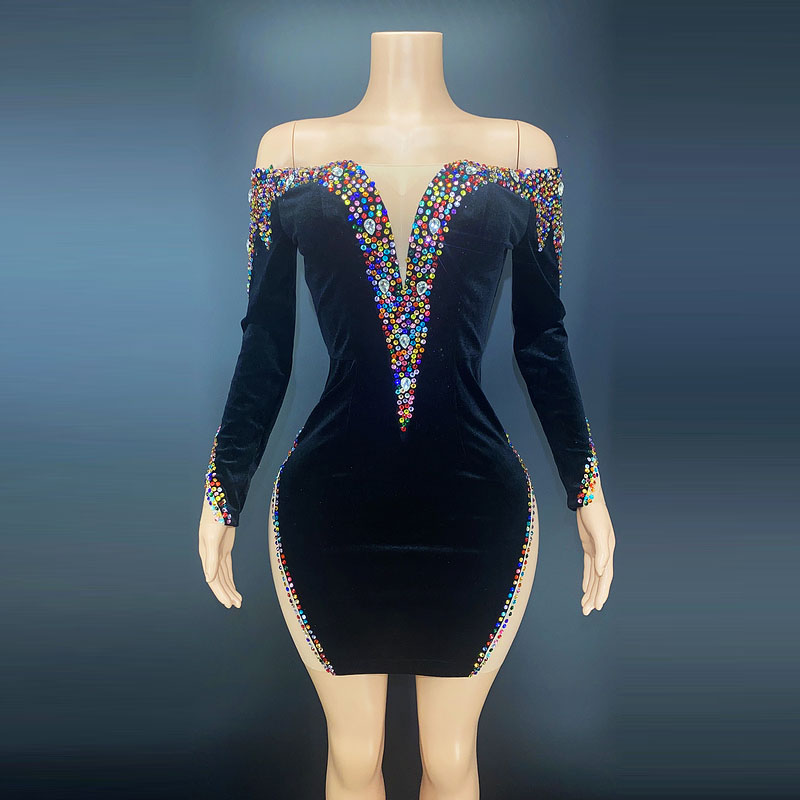 NOVANCE Y2393 Spring 2022 Womens Fashion Black Velvet Color Crystal Off Shoulder Side Split Evening Gowns Rhinestone Dress Sexy