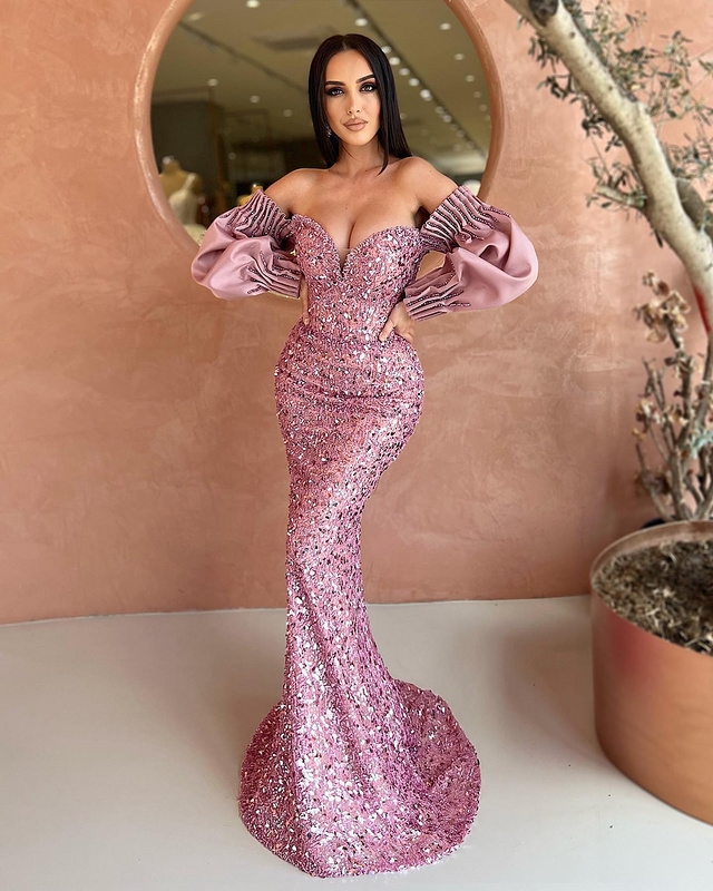 A7440 High Quality Evening Women Dress Purple Sequin Trailing Bodycon Bubble Sleeve