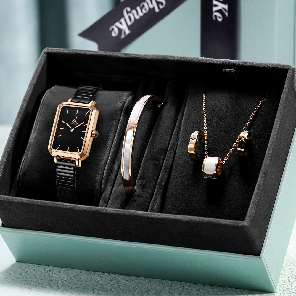 SHENGKE SK K0177L-set Luxury Design ladies watch gift set Square Case Alloy Strap Ladies Watch Set Relogio Feminino