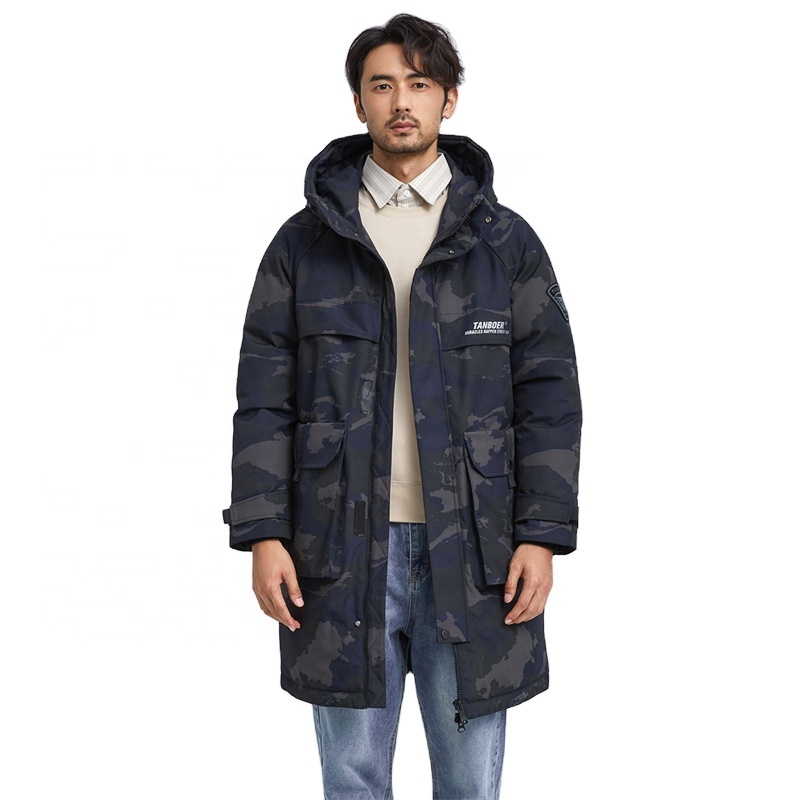 Oem men custom warm winter men's padded duck down puffer jacket with hood long coat