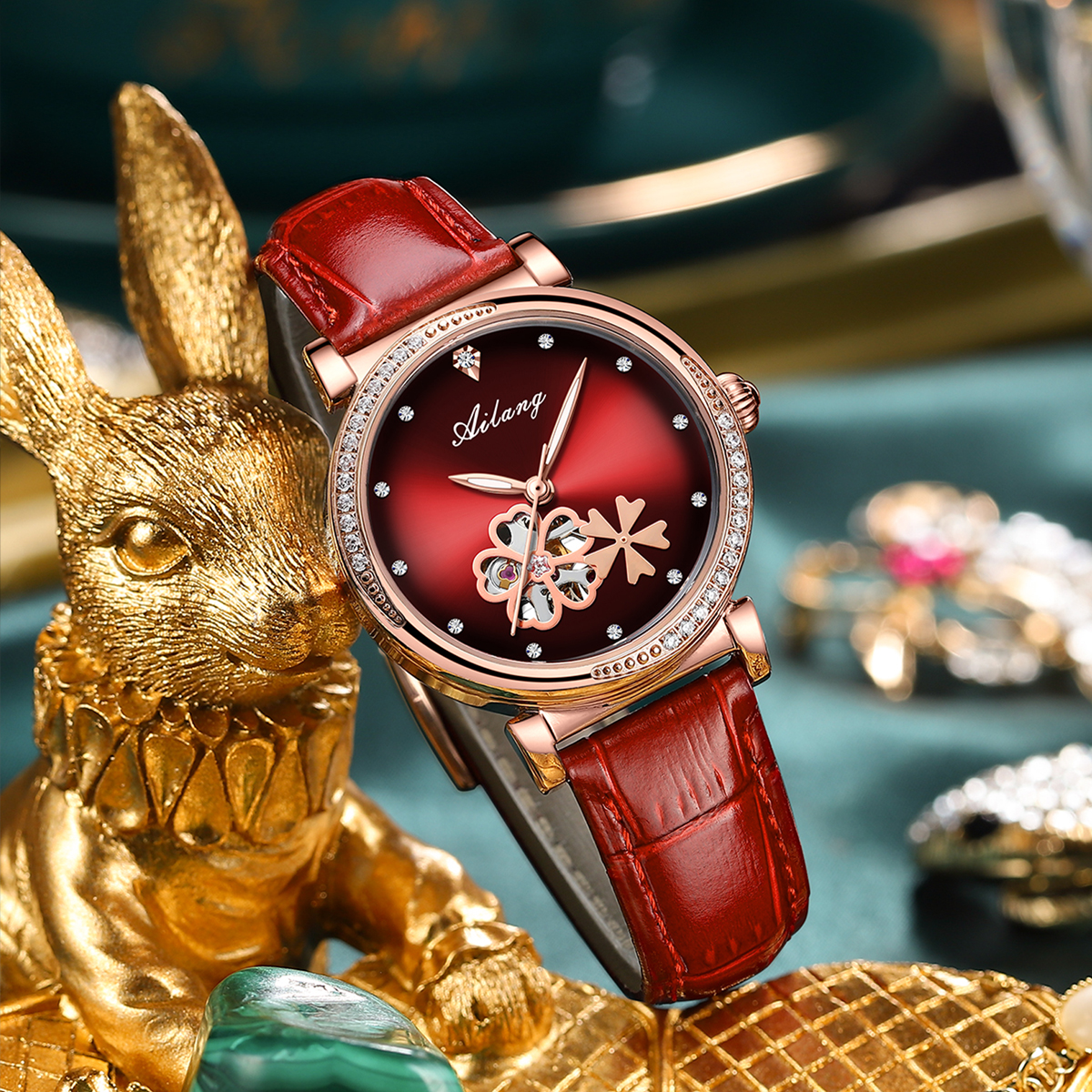 New Luxury Women Watches Automatic Mechanical Leather Wrist Watch Rhinestone Ladies Fashion Bracelet Set Gift Top Brand