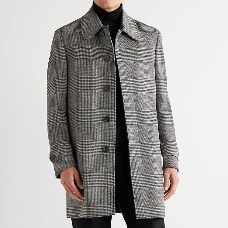 OEM custom long style slim fit checked wool and cashmere blend coat for men