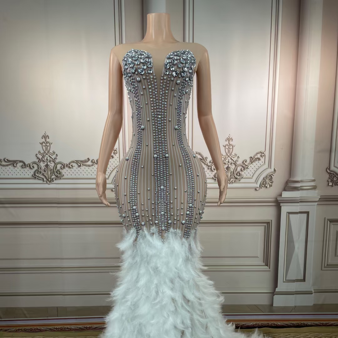 AD1442 Kimshein Vestidos De Festa Social For Beauty Pageant Beaded Crystal Mesh Feather Dresses Women Evening Performance