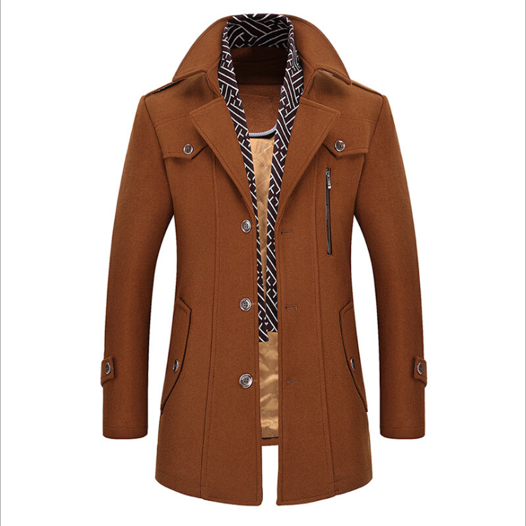 Woolen coat men's winter thickened trim wool windbreaker long thickened woolen coat scarf