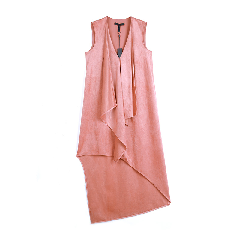 N9K51 Women Faux suede V-neck front drape design high-low asymmetrical hem day dress