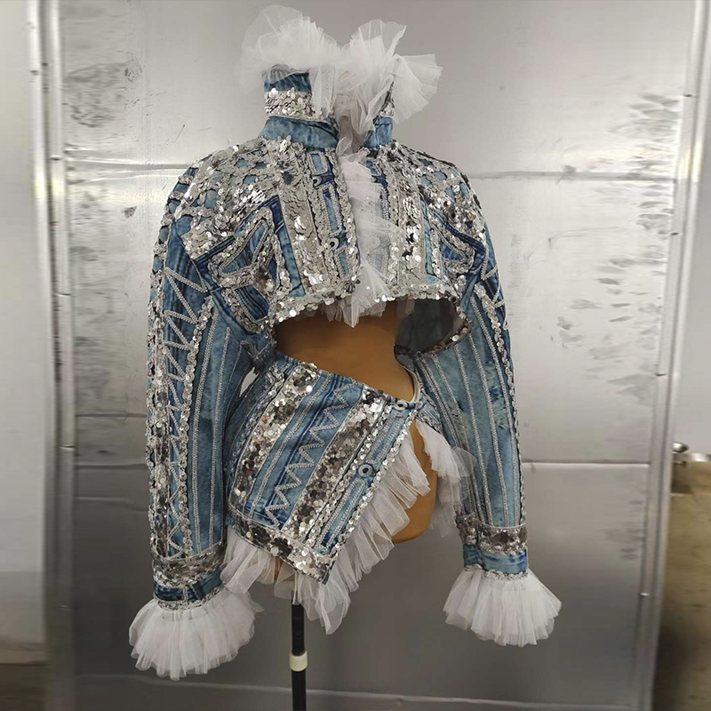 AD1128 Long Sleeve Lace Ruffled Sequined Jacket Crop Top  With Skirt Denim 2 Piece Set Women'S Stage Outfit