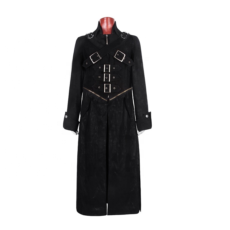 PUNK RAVE Y-594 Fashion Stand Collar Breast Cross Men Long Fitted Trench Coat