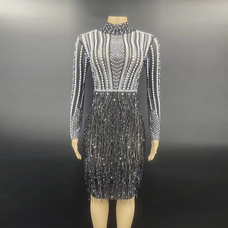 AD1351 Kimshein Womens Elegant Black Tassel Dresses Beading Rhinestone Handmade Long Sleeve Hole Midi Evening Dress