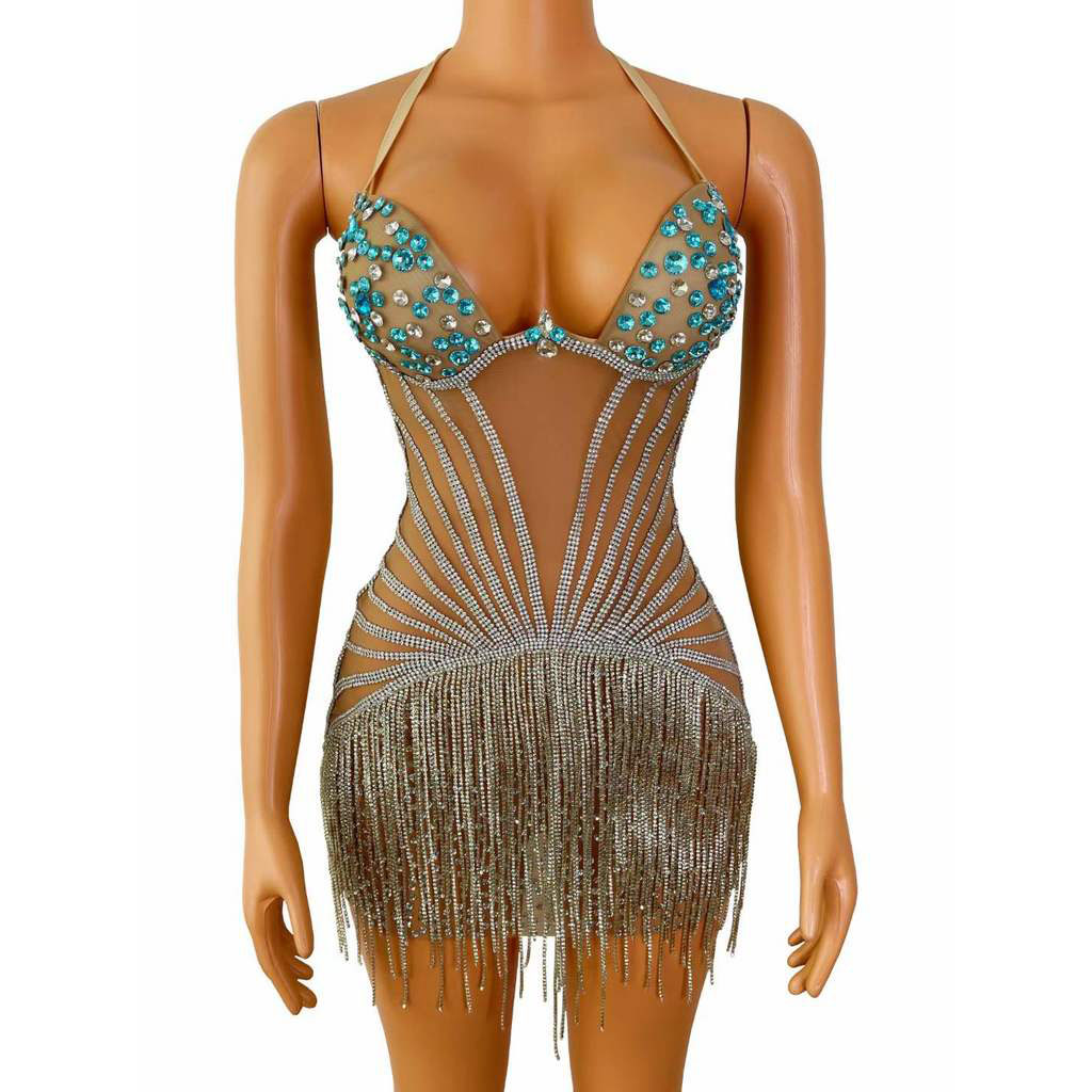 2022 New Arrivals Fashion Casual Crystal Dress Women Rhinestone Tassel Halter Sleeveless Sexy Mini Summer Night Club Dress