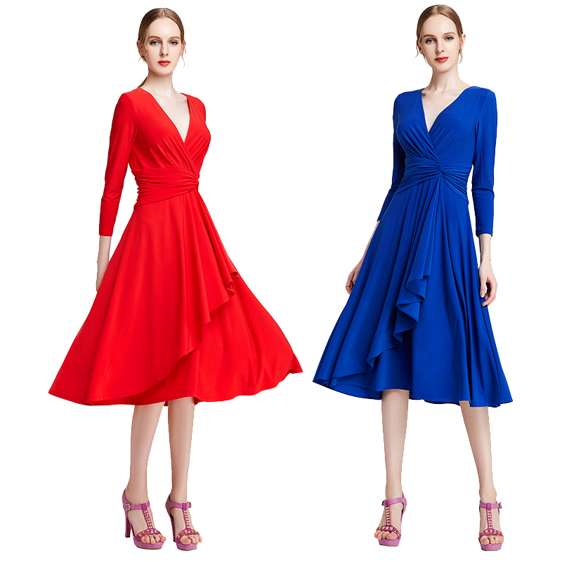 ND010 Dresses lady elegant new design Solid color v-neck Asymmetric Irregular career office casual dresses women
