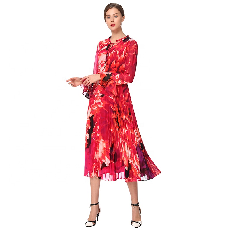 ND036 S plus size women's dresses High Quality Fashion Flower Elegant Floral Print Pleat Office Formal Casual Dresses