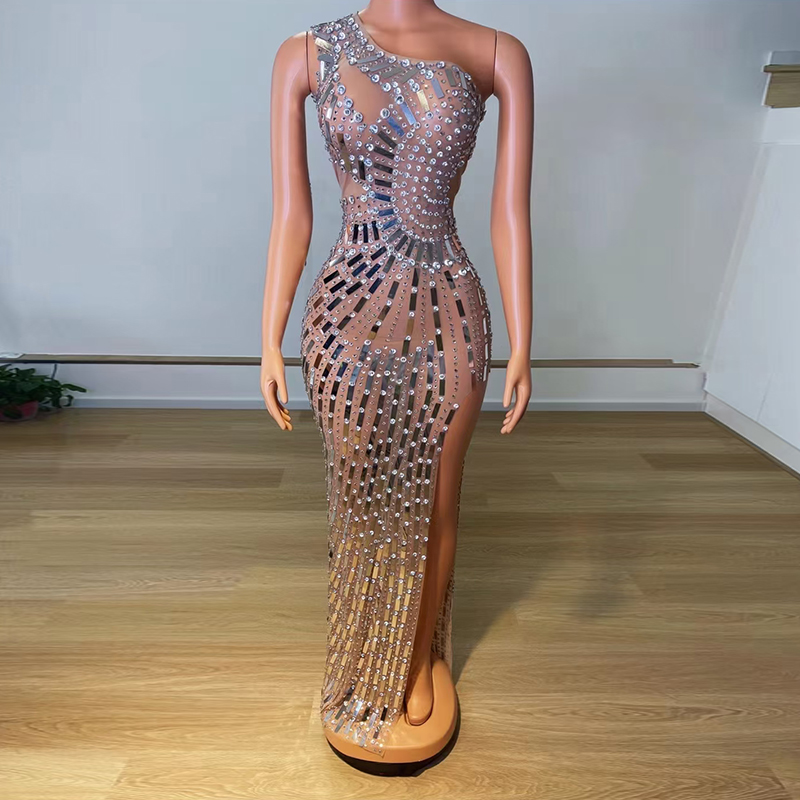 AD1579 Kimshein One Shoulder Stylish Women Sequin Crystal Transparent High Slit Wedding Guest Dress For Women Evening