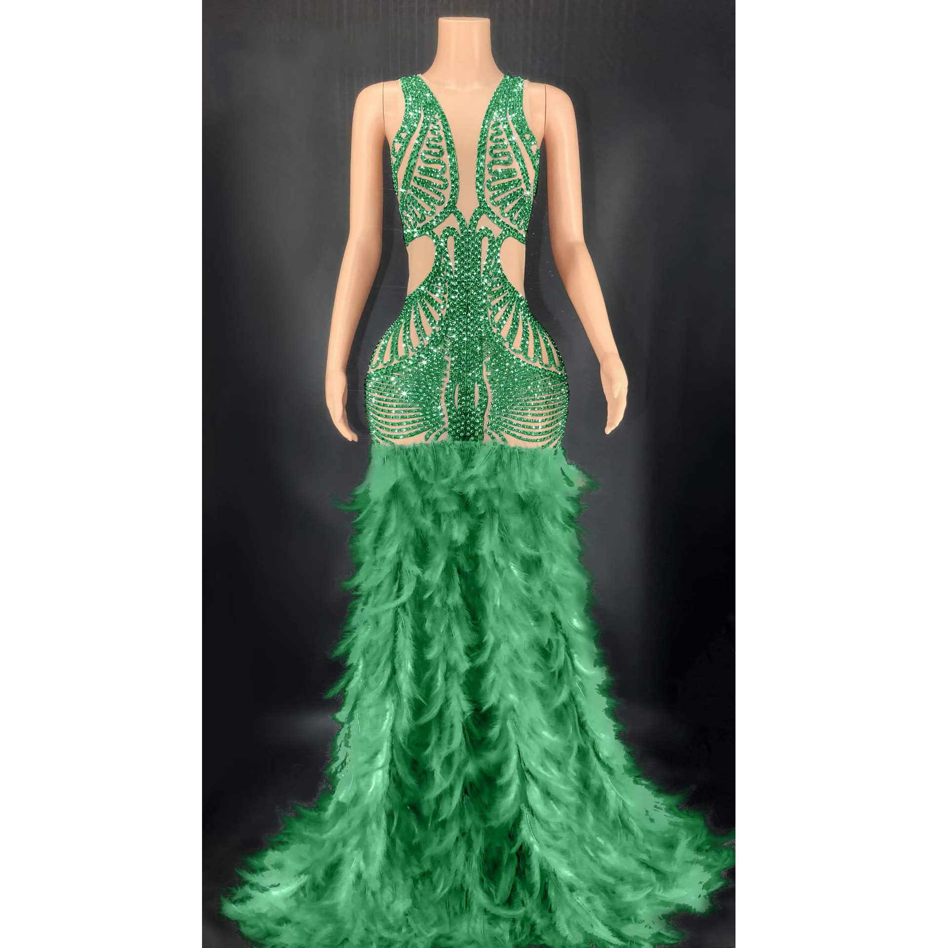 New Fashion Luxury Sparkling Diamond Dresses Round Neck Sleeveless Elegant Feather Floor Length Women Maxi Dress