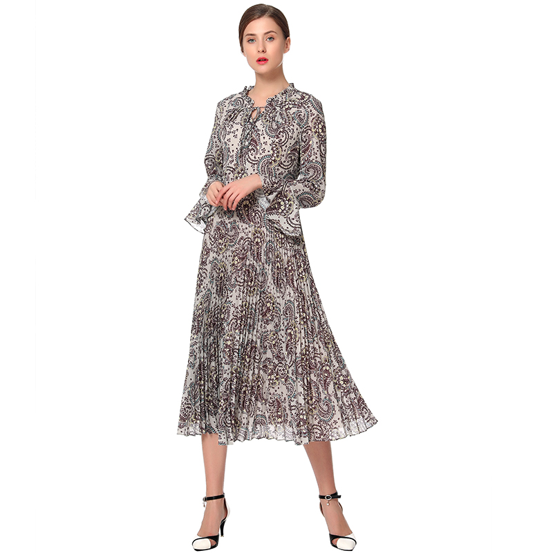 ND037 vintage print dress High Quality Fashion Elegant vintage Pleat Formal career office Casual Dresses