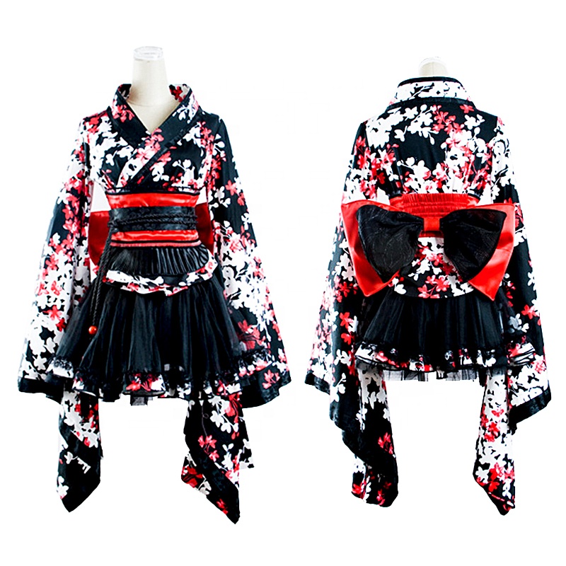 PUNK RAVE Lolita Cherry Blossom Printing Dresses LQ-001 Cosplay Sexy Short Kimono Dresses With Big Belt Women Dress
