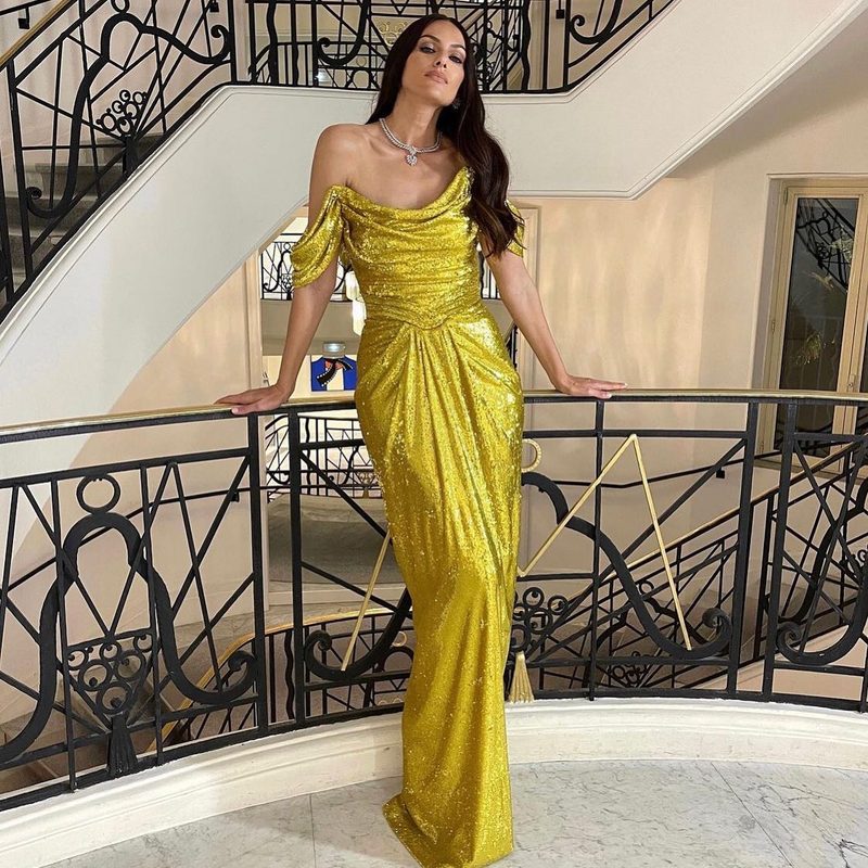 undefined A7037 Latest Designs Solid Color Women Long Gown Sequined Sexy Off-shoulder Fashion Ladies Party Dress