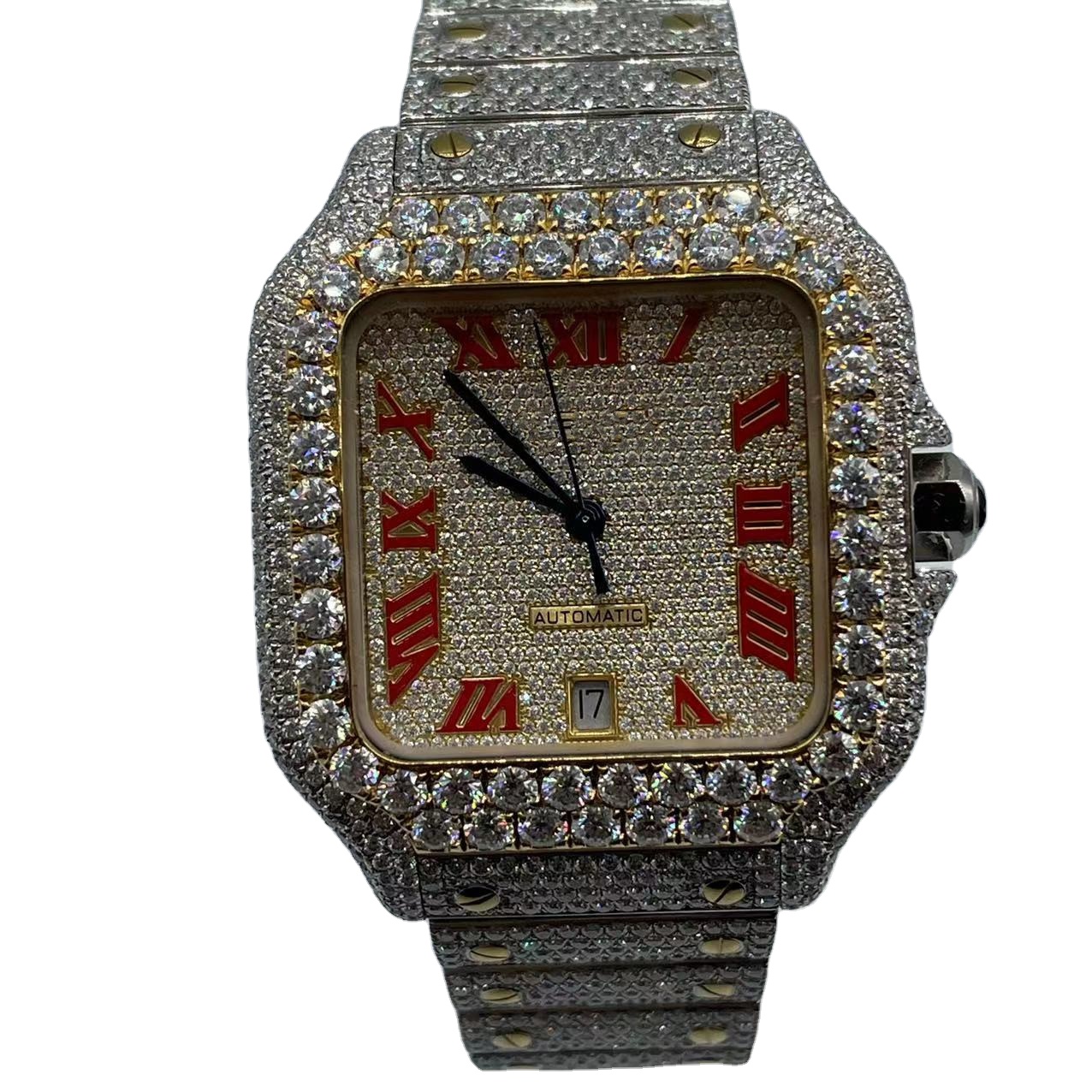 Luxury Item Factory Price Gold Plated Stainless Steel VVS Moissanite Iced Out Band Wrist Automatic Watch For Men Women