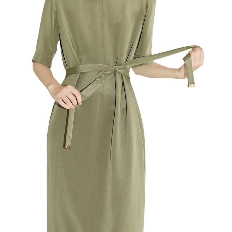 Elegant Lady Luxury Dress Fashion Belt Design Midi Dress Real Silk Dress