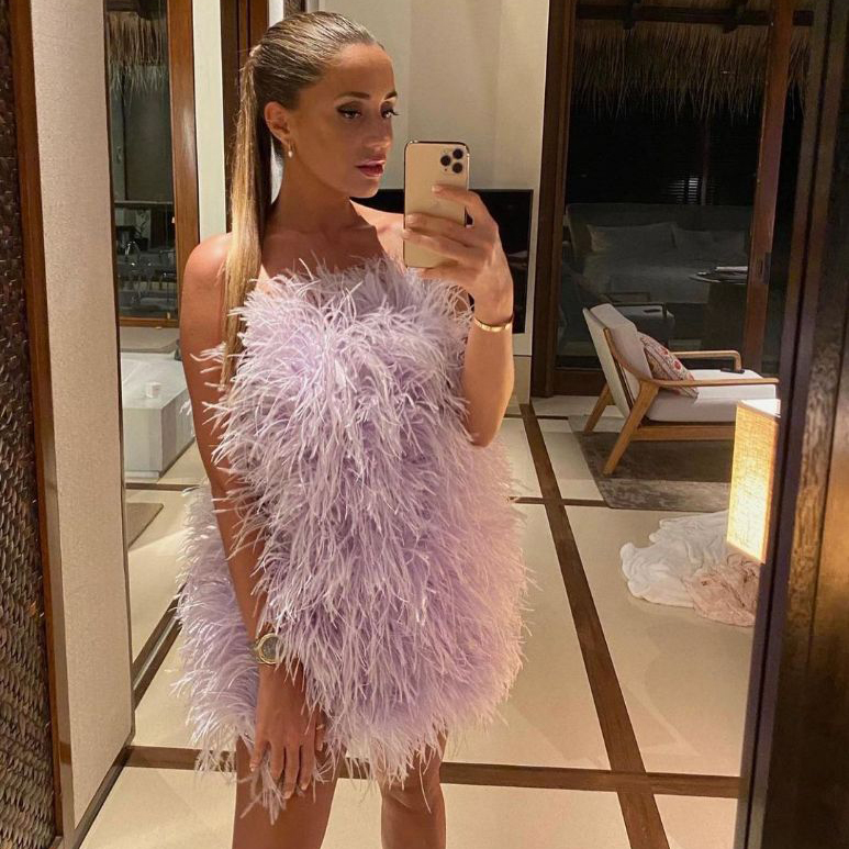 Designer Women Sexy Slim Corset Fit Bodycon Evening Party Cocktail Ostrich Feather Dress