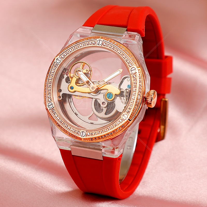 Bling Female Transparent Red Rubber Silicone Hand Square Wrist Luxury Automatic Mechanical Lady Watch Women