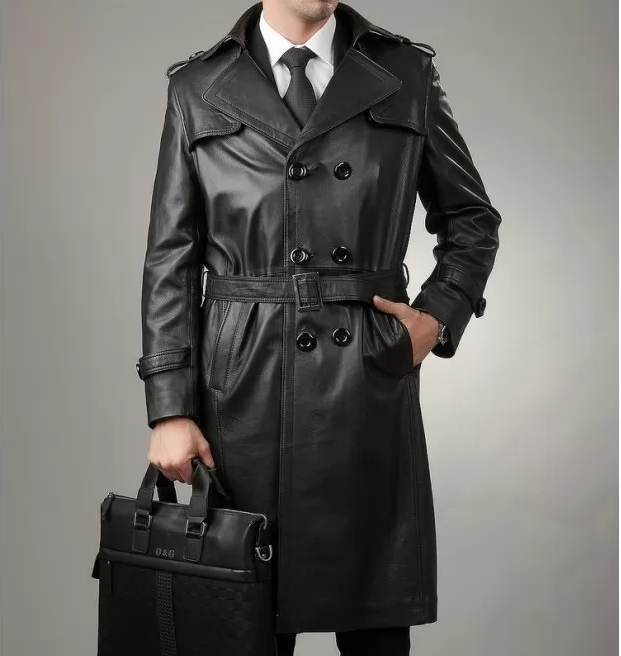Men's Black Real Sheepskin Leather Full Length Trench Dress Coat