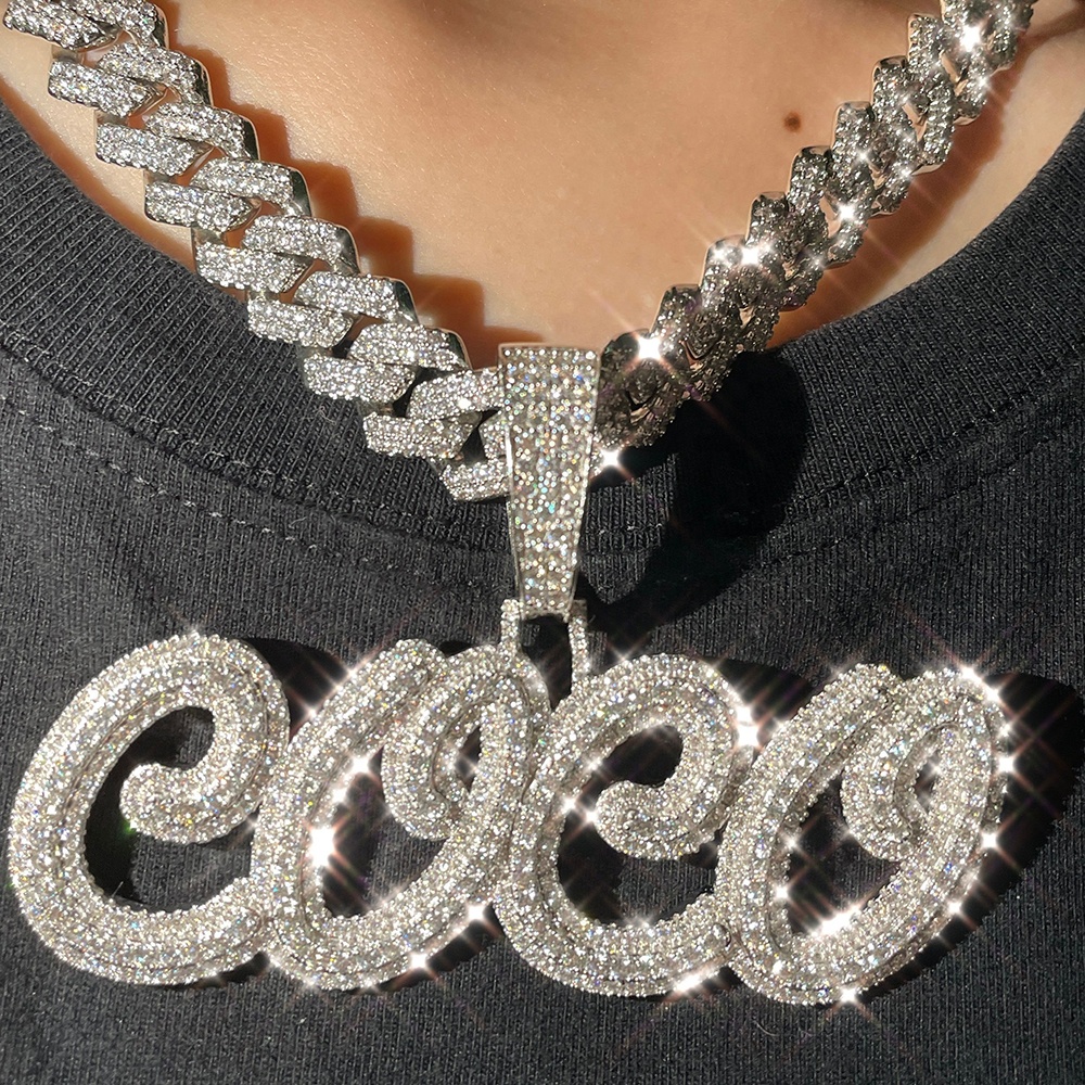 Hip Hop Iced Out Bling Bling VVS Moissanite Diamonds S925 Silver Custom Name Initial Logo Pendant Cuban Link Chain Necklace