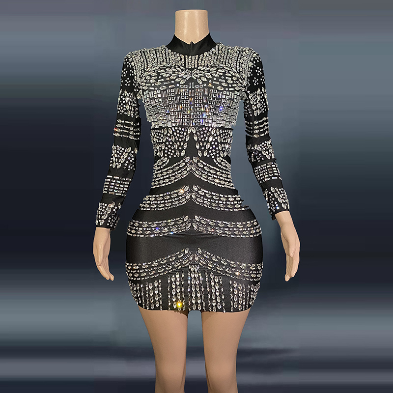 NOVANCE Y1756-B Sexy Outfits For Women 2022 Black Mesh Twinkling Crystal Hot Girl Dress Decent Mini Dress Wine Party