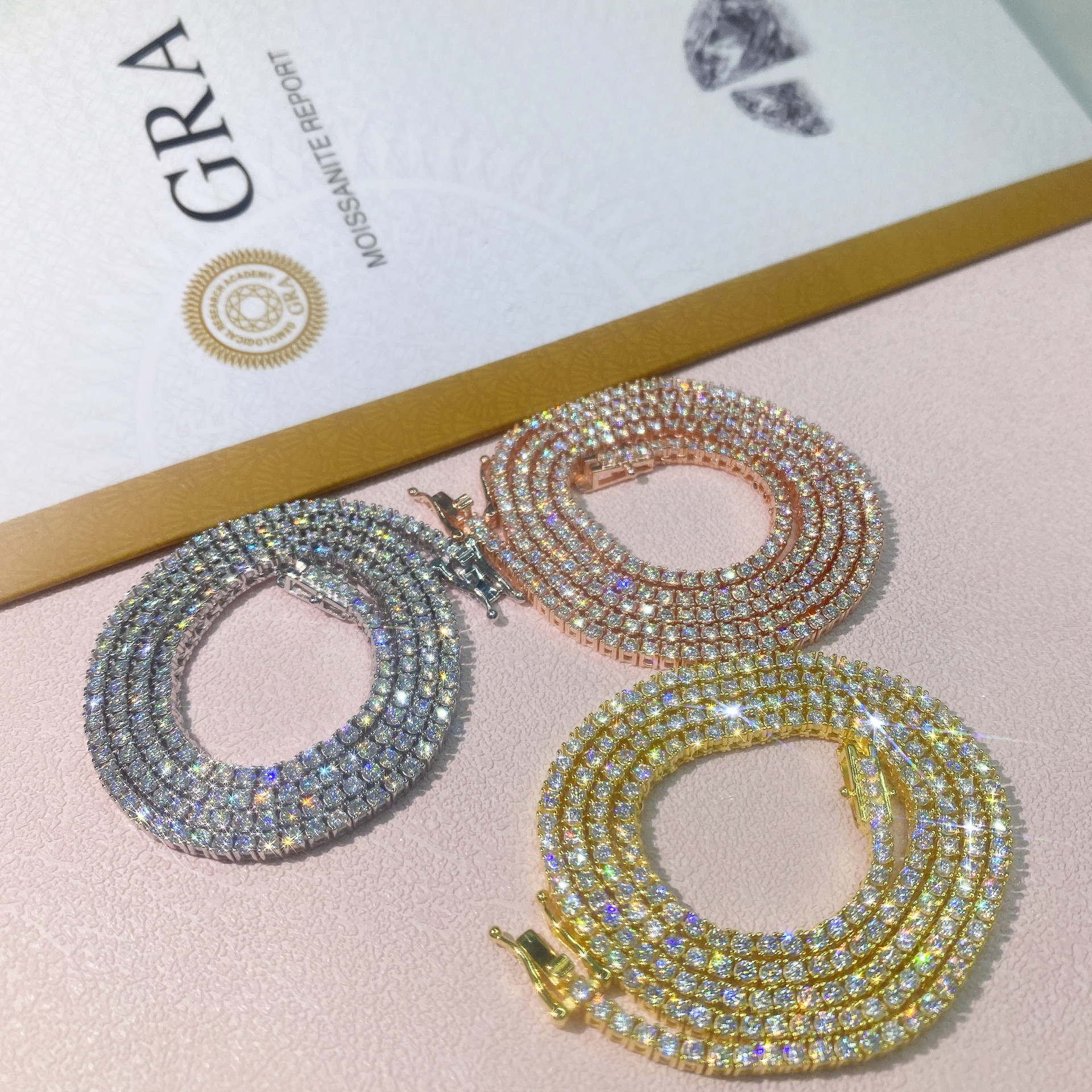 Hip Hop Iced Out D Color Moissanite Tennis Necklace 3MM 4MM 5MM 925 Sterling Silver VVS Moissanite Diamond Tennis Chain Necklace