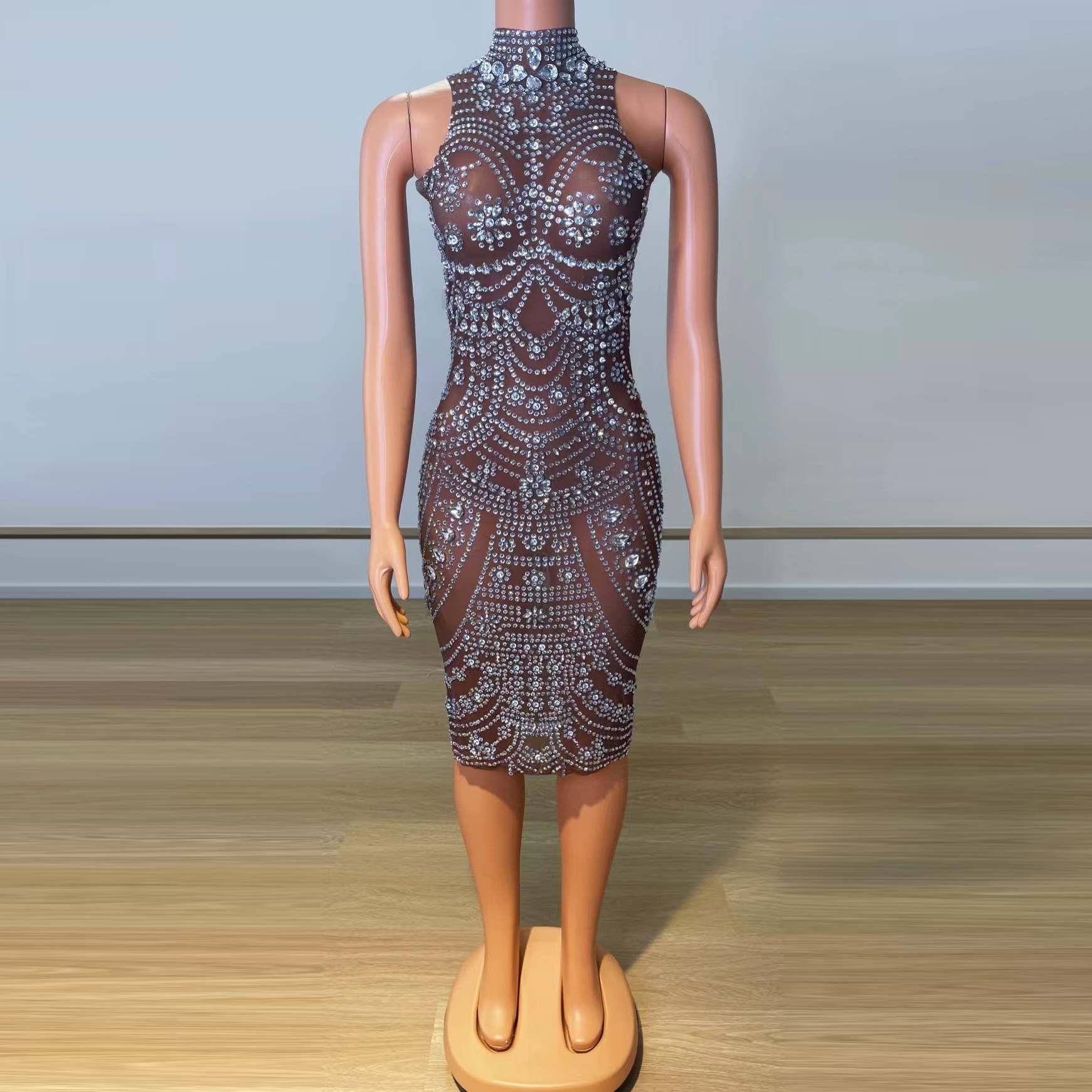 NOVANCE Y2164-B High Quality Lady Casual Bodycon Dress Handmade Diamond Crystal Short Satin Dress With Open Back for Show Party