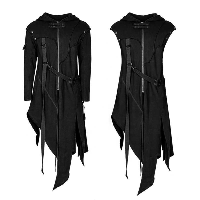 PUNK RAVE Y-745 Men's Autumn&Winter Punk Black Hooded Long Irregular Design Sweater Coats