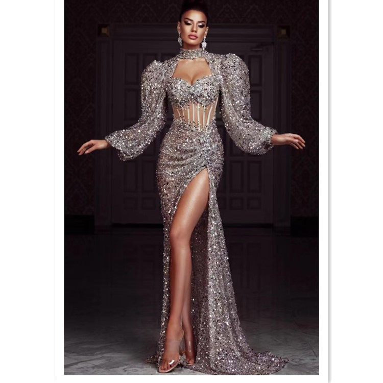 Top Quality Celebrity Black Sequins Slash Neck Long Trumpet Long Evening Party Dress