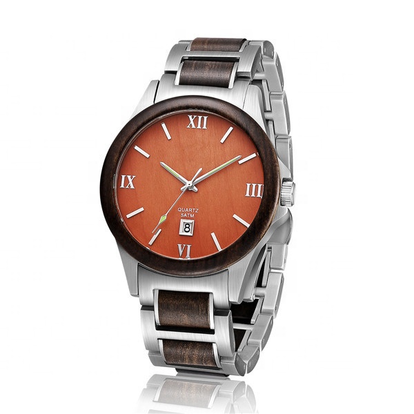 Luxury 5 ATM Waterproof OEM Custom Quartz Men Wrist Watches Stainless Steel Wooden Watch