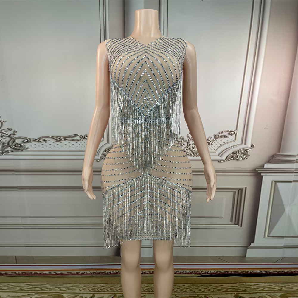 AD1470 Kimshein Clothing Women Elegant Dress Handmade Crystal Mesh Transparents Beaded Tassel Bodycon Dress Party Evening