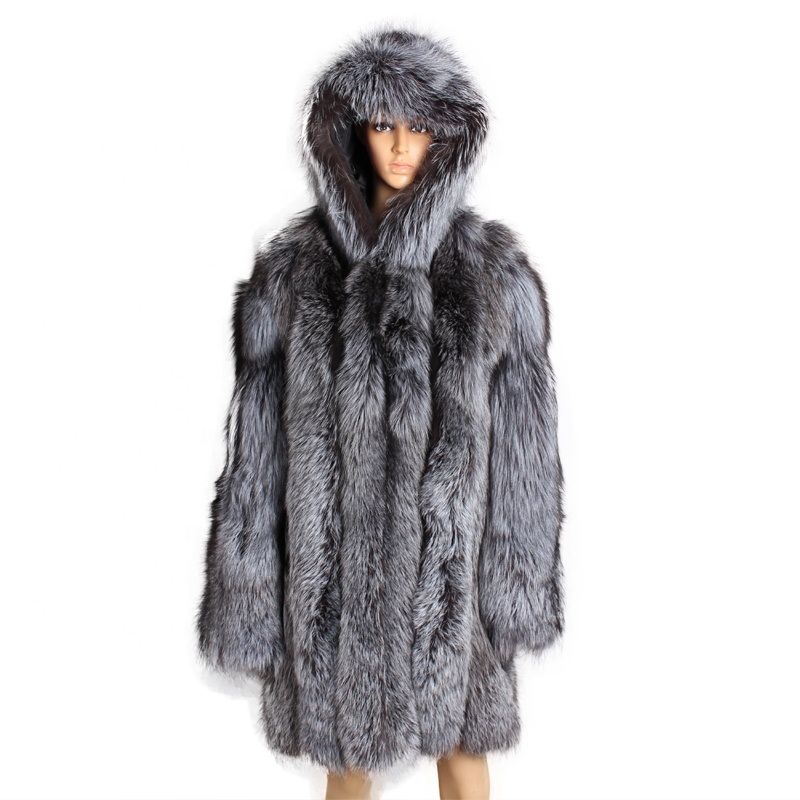 ALICEFUR Wholesale thick warm winter hooded natural silver fox fur men coat with cheap price