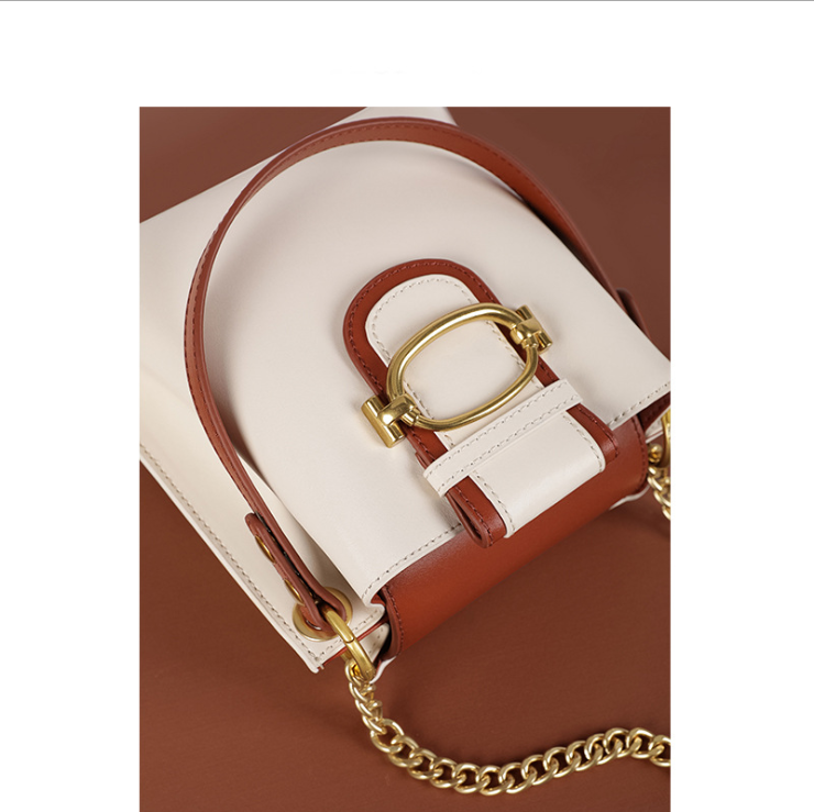 Niche design leather handbags Colorblock one shoulder slung bucket bag chain bag Fashion wild handbag