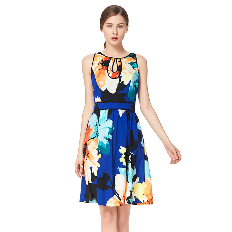 D038 2023 spring Summer High Quality Fashion Elegant Print Loose Fit Sleeveless Midi Girls Women Party Evening Casual Dresses