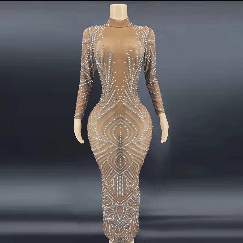 AD1137 Fantasy Party Carnival Handmade Crystal Costume Gowns Long Sleeve Evening Sparkly Sexy Dress