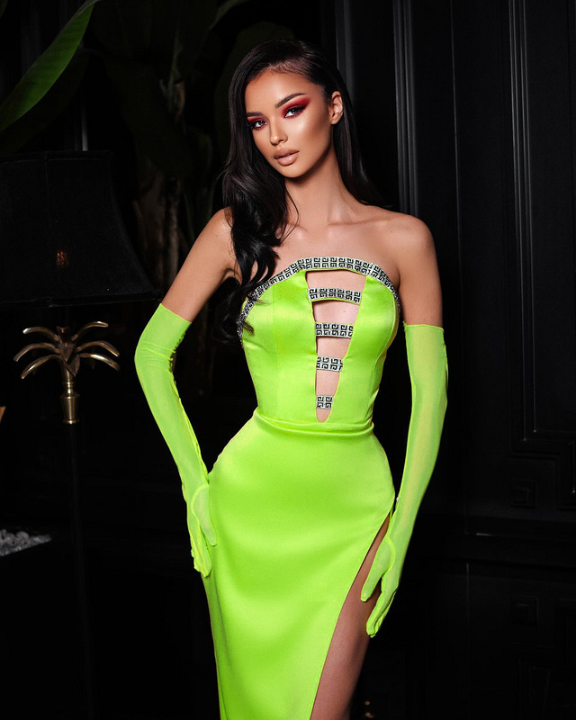 A7143 Fast Shipping Green Women Party Dress Satin Sexy High Slit Sleeveless Ladies Maxi Evening Dress