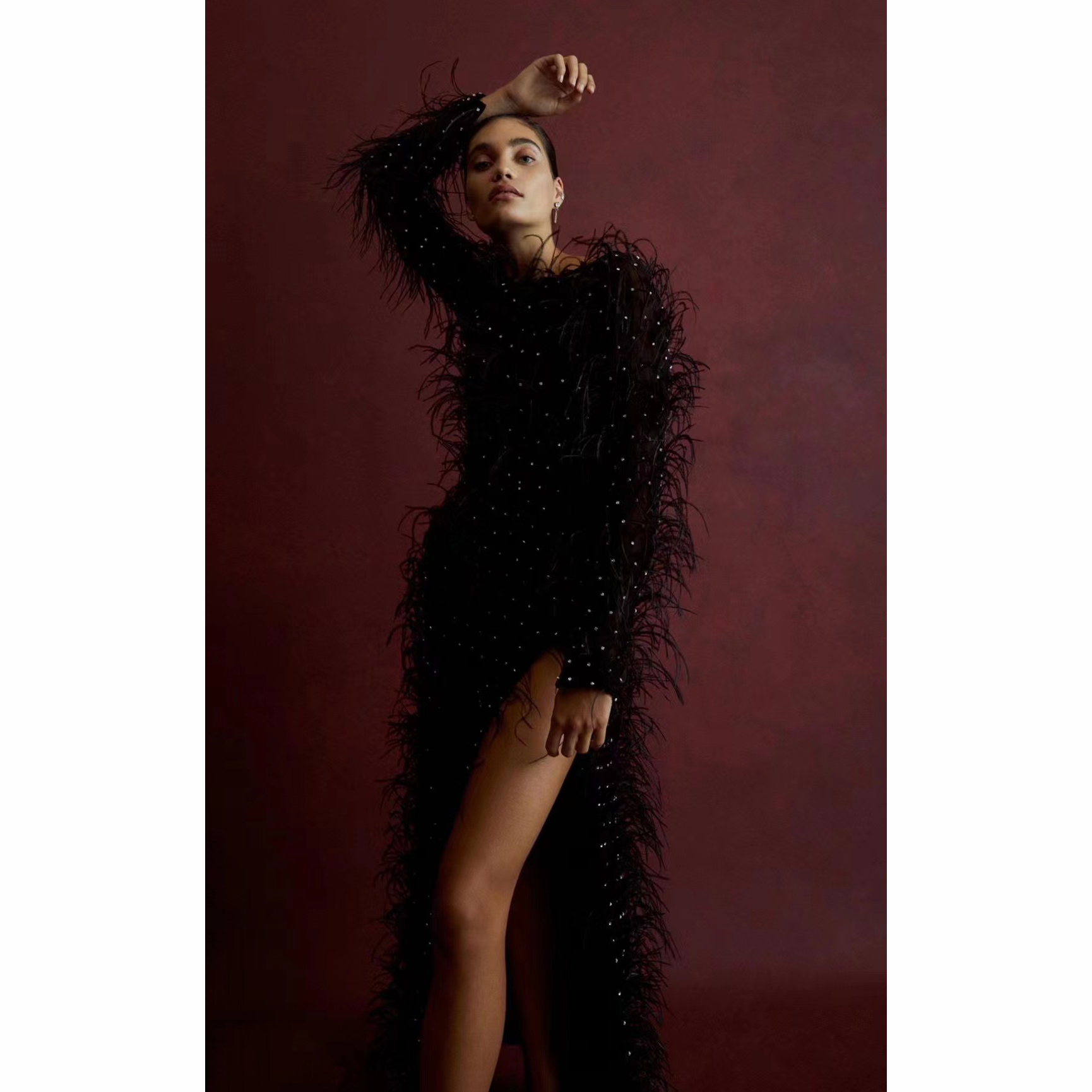 A7218 Long Black Party Dress Fur Beading Luxury Formal Evening Dresses