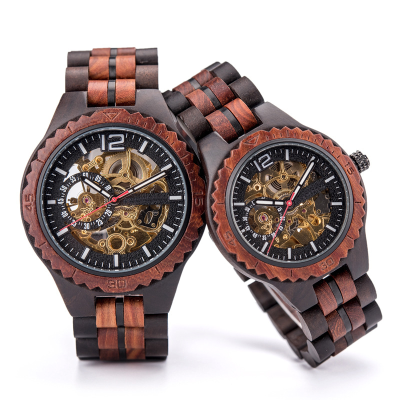 Lower MOQ Customized Logo Stylish Chronograph Wood Wrist Watch Skeleton Movement Design Lover's Calendar Wooden Watch Men