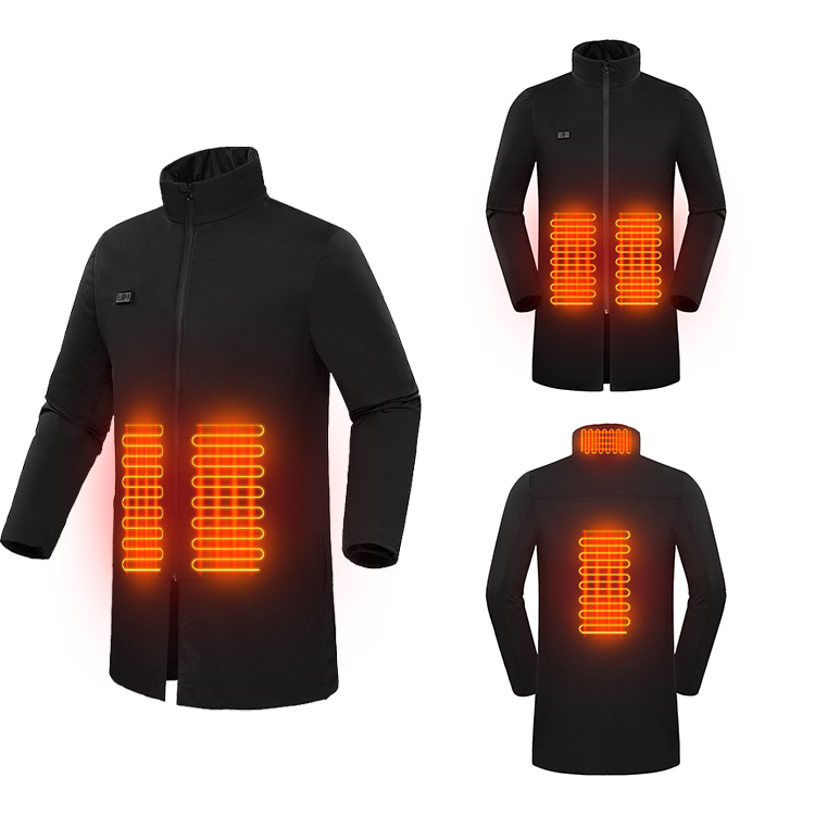 Easy maintenance heating Long black trench coat smart dual control 5V rechargeable battery heated jacket