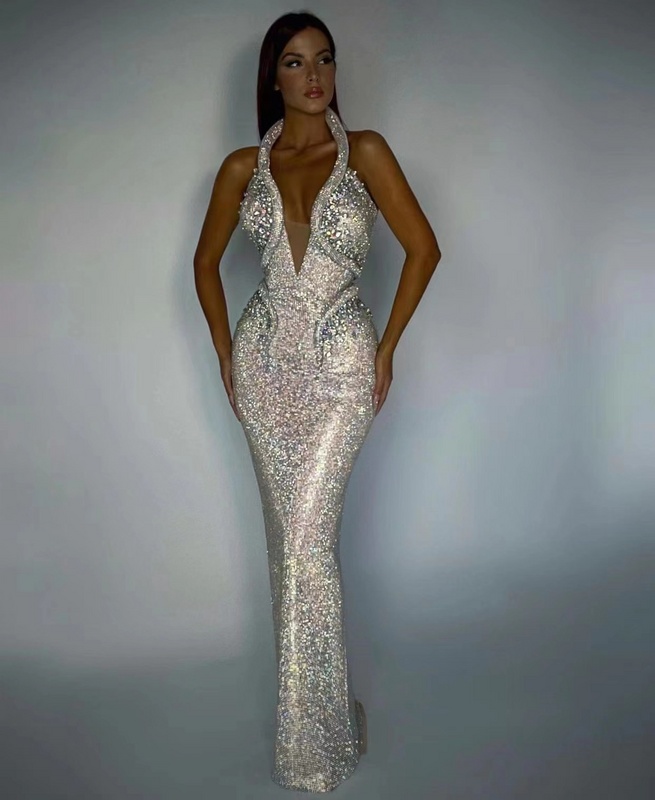 undefined A6957 Glitter Long Slim Dinner Dress Women Lady Elegant Halter Luxury Rhinestone Party Evening Dress