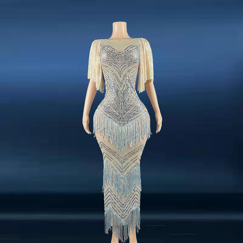 Novance Y1653-B Trendy Women Cloth Luxus Kleid Handmade Crystal Tassel Rhinestone Dress Cap Sleeve Elegant Birthday Robe Mariage